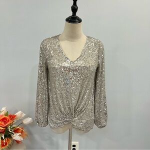Cable & Gauge Silver Sequins Embellished Long Balloon Sleeves Front Twist Top